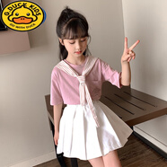 G.DUCKKIDS女童套裝裙子夏季15中大童洋氣連衣裙兒童時(shí)髦女孩公主裙夏裝十歲 粉白套裝裙 150 建議12-13歲