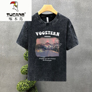 啄木鳥（TUCANO）美式水洗做舊短袖t恤男士2025夏季新款寬松潮流時(shí)尚ins潮牌上衣服 水洗黑T11-紅霞山頂 M 90-110斤
