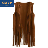 SMVP西部牛仔馬甲女民族風(fēng)新疆旅游新品時(shí)尚薄款流蘇馬夾顯瘦無(wú)袖背心 咖啡色 S