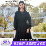 S.DEER圣迪奧女裝法式時(shí)尚圓領(lǐng)收腰網(wǎng)紗燈籠袖連衣裙S24161209 黑色/91 M 165