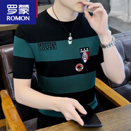 羅蒙（ROMON）品牌夏季針織短袖t恤男士2025新款冰絲條紋圓領(lǐng)體恤男款打底衫T 黑綠333 M 165 (建議90-105斤)