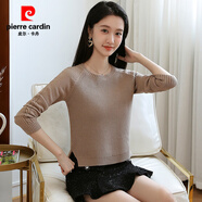 皮爾卡丹（pierre cardin）短款毛衣女秋冬女裝寬松外穿套頭上衣短裝圓領(lǐng)開叉高腰打底針織衫 卡其色 M 建議96-105斤穿