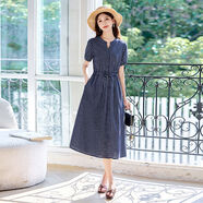 格子連身裙女中長版2025年夏季新款韓版女裝好看寬松減齡休閑 深藍(lán)色 品質(zhì)升級版 M
