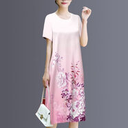 RGPX夏仿真絲連衣裙中老年人夏裝女50-60歲媽媽裝洋氣寬松遮肚中長(zhǎng)裙 粉紫色 4XL 建議155-170斤