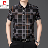 皮爾卡丹（pierre cardin）夏季冰絲時尚格子印花短袖T恤男士寬松休閑半袖翻領(lǐng)POLO衫體恤 黑色 2XL 建議150-170斤