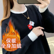 以純（YISHion）秋冬加絨加厚針織保暖衛(wèi)衣學(xué)生長(zhǎng)袖打底衫刺繡寬松大碼套頭毛衣女 加絨黑色(黑白小豬) 加厚 M (90斤-100斤)