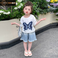 FIDQIOG國際大牌女童夏套裝2025新款女寶洋氣時髦超好看蝴蝶燙鉆套裝夏季 [藍色]25030款蝴蝶燙鉆套裝 90cm 均碼