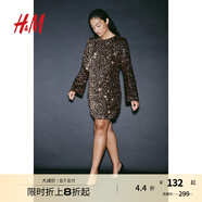 H&M女裝連衣裙秋季時(shí)尚晚派對(duì)圓領(lǐng)長(zhǎng)袖亮片連衣裙1204941 古銅色 160/88
