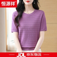 恒源祥夏季桑蠶絲短袖t恤女圓領(lǐng)寬松鏤空減齡半袖針織衫女大碼遮肚子 紫色 XL 體重110-120斤