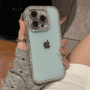 ins夏日輕奢鑲鉆適用iPhone16promax蘋(píng) 果15手機保護殼14pro新款1 果凍色閃粉【湖藍色】全包邊鑲鉆閃粉+自帶水鉆鏡5 iPhone 16