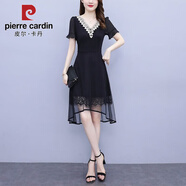 皮爾卡丹（PIERRE CARDIN）洋氣裙子2025夏季韓版喇叭袖燕尾網(wǎng)紗拼接顯瘦氣質(zhì)不規(guī)則連衣裙女 圖片色 (洋氣顯瘦) XL (建議110-120斤)