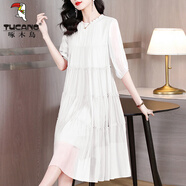 啄木鳥(niǎo)韓版寬松蛋糕裙雪紡連衣裙女2026新款夏季媽媽裝飄逸仙氣大擺裙子 白色 L 建議 110-120斤
