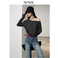 束皙休閑風(fēng) 醋酸經(jīng)典黑白條紋不規(guī)則斜肩收腰針織上衣 琴序 M