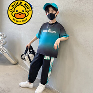 G.DUCKKIDS品牌童裝男童夏裝短袖套裝夏季衣服長(cháng)褲兩件套男孩休閑中大童t恤 黑色 150