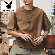 花花公子（PLAYBOY）短袖T恤男夏季純棉美式潮牌寬松透氣圓領(lǐng)半袖體恤男裝父親節(jié)禮物 146咖色 XL 適合145-160斤