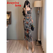 蔻伊婭（Kouyiya）品牌女裝新品水墨畫國風(fēng)旗袍連衣裙女裝2025夏季新款復(fù)古修身長裙 花色 L