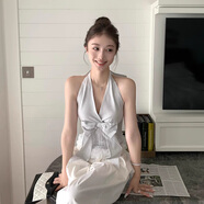 微光里法式條紋花邊掛脖吊帶背心女夏外穿獨特絕美設計感蝴蝶結露背上衣 掛脖上衣L碼【105-120斤】
