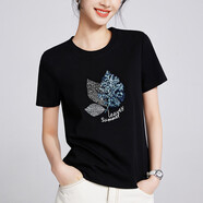 修嫻（soossn）2025夏裝新款珠片葉子刺繡短袖T恤女絲光棉t寬松顯瘦圓領(lǐng)體恤衫 黑色 M