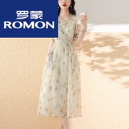羅蒙雪紡連衣裙子女夏季2024年新款春秋收腰短袖v領(lǐng)氣質(zhì)洋氣中長(zhǎng)裙女 綠色 L 105-120斤