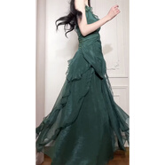 GJFDGood Job【綠綺】綠色設計感拼接連衣裙女精致荷葉邊小眾吊帶長(cháng)裙 綠色 S