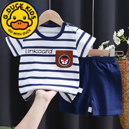 G.DUCKKIDS兒童夏裝男孩t恤韓版女寶寶純棉短袖短褲T男寶夏季套裝嬰兒童裝 可愛2件套丨格子藍 90 適合80-90cm年齡2-3歲