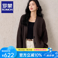 羅蒙（ROMON）針織衫女韓版時尚高級感開衫慵懶寬松中長款純羊毛加厚毛衣外套女 咖色 均碼