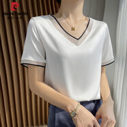 皮爾卡丹（pierre cardin）醋酸緞面短袖女2024年新款感夏季正肩t恤白色圓領(lǐng)短款體恤衫 純白色V領(lǐng) M 95-105