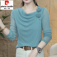 皮爾卡丹時(shí)尚輕薄網(wǎng)紗長(cháng)袖T恤女春秋新款洋氣修身堆堆領(lǐng)小衫減齡小眾上衣 淺藍色 2XL 建議105-120斤