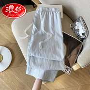 浪莎（LangSha）慵懶蕾絲抽繩窄板闊腿褲女多巴胺夏季垂感顯瘦直筒休閑褲長褲 藍(lán)色【蕾絲飄帶】奶昔醋酸絨-無 L 100-120斤