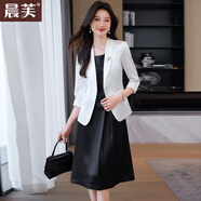 晨芙職業(yè)西裝外套女夏季薄款小個(gè)子氣質(zhì)休閑高級感緞面西服連衣裙套裝 白色西裝+黑色連衣裙 2XL 建議120-130斤