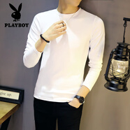 花花公子（PLAYBOY）白色t恤男士長袖春秋季圓領(lǐng)修身體恤純色純棉內(nèi)搭打底衫休閑上衣 白色 XL
