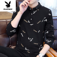 花花公子（PLAYBOY）2025冬裝秋季長(cháng)袖T恤男個(gè)性潮流花衣服有帶領(lǐng)棉青年體恤新品 8853黑色 M 90-105斤