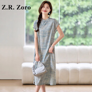 Z.R.Zoro奢侈品連衣裙女2025夏季新款氣質(zhì)立領(lǐng)新中式水墨印花雪紡連衣裙女 藍(lán)色 M