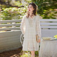 白鹿語(yǔ)圓領(lǐng)釘珠雪紡長(cháng)袖連衣裙2025秋季新款溫柔立體剪花短裙 杏色  M 