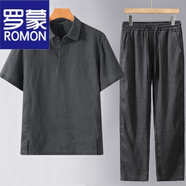 羅蒙（ROMON）高端純亞麻t恤男士翻領(lǐng)短袖T恤寬松休閑Polo衫麻布料百搭體恤衫潮 灰綠色套裝 XL 【135-150斤】