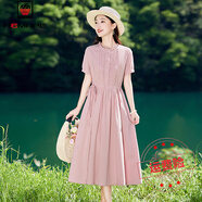 AEMAPE文藝圓領(lǐng)褶皺短袖連衣裙2025年夏季新款時(shí)尚簡(jiǎn)約系帶收腰過(guò)膝長(zhǎng)裙 粉色 XL