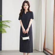 黎依奴短袖橫條紋t恤裙2025年夏季新款顯瘦時(shí)尚簡(jiǎn)約過(guò)膝裙子長(cháng)款連衣裙 黑色 JXXYY501 S
