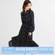 樂(lè )町V領(lǐng)碎花長(cháng)裙20千金風(fēng)遮肉顯瘦長(cháng)袖裙黑色雪紡裙 彩色印花（現貨） S