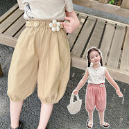 七語(yǔ)欣童裝女童休閑中褲夏裝兒童褲子2025新款洋氣小女孩寶寶花朵七分褲 卡其色 110 (適合身高100-110cm)