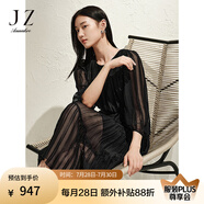 玖姿·安娜蔻優(yōu)雅浪漫壓褶竹節(jié)肌理收腰連衣裙蛋糕裙女2025春季新款 素黑 M