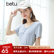 betu百圖女裝氣質V領多色條紋T恤針織短袖T2104T17 藍白條 XS