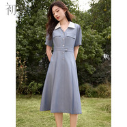 初申夏季短袖連衣裙女復古撞色翻領(lǐng)收腰顯瘦通勤休閑裙子S52Q036