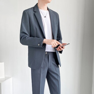 羅蒙（ROMON）休閑西裝套裝男夏季寬松正裝高級感韓版結(jié)婚禮服垂感潮流西服外套 灰藍色【兩件套】西服+褲子 175/L