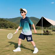 卡兔藍貓男童夏季速干籃球服套裝中大童球衣兒童短袖夏裝運動兩件套潮10歲 漸變綠色 150