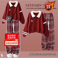 莞町青少年女大童13-15歲初中生12-15歲女孩衣服秋季套裝2025年新款 紅色上衣+紅格子褲（加絨加厚） 150 cm