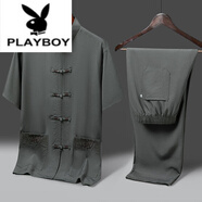 花花公子（PLAYBOY）中老年短半袖棉麻唐裝套裝父親夏裝爸爸立領襯衣老人爺爺夏季衣服 深灰色【套裝】 2XL 41/175【130-145斤】