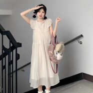 樂(lè )卡利白色連衣裙子女法式小飛袖夏季2025新款清純小個(gè)子甜美公主長(cháng)裙 杏色小飛袖寬松雙層連衣裙 S 75-90斤
