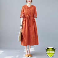 夏季民族風(fēng)棉麻連衣裙女高端收腰刺繡裙寬松顯瘦氣質(zhì)亞麻裙子 橘色 XL 125-145斤