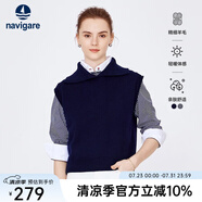 Navigare意大利小帆船羊毛衫女士秋冬款簡約氣質翻領毛衣無袖針織馬甲背心 海軍藍 XL