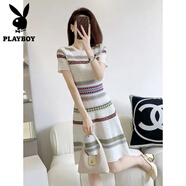 花花公子（PLAYBOY）氣質(zhì)收腰顯瘦時(shí)尚橫條紋冰絲針織連衣裙2025夏季新款短袖裙子 白色針織條紋連衣裙 M 建議96斤-105斤
